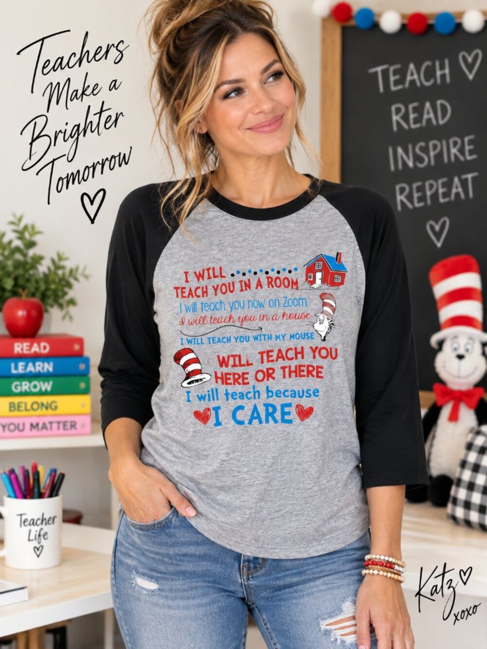 Cat in the Hat Teacher Shirt S Raglan Baseball Tee Read Across America Zoom